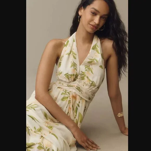 New S Farm Rio x Anthropologie v-neck floral chiffon maxi dress